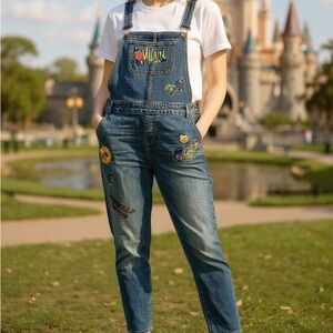 Disney Villians Denim Patched Stretch Overalls Blue Distressed Womens Size 14